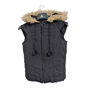 J J Basics Black Puffer Vest with Faux Fur Hood Woman's S